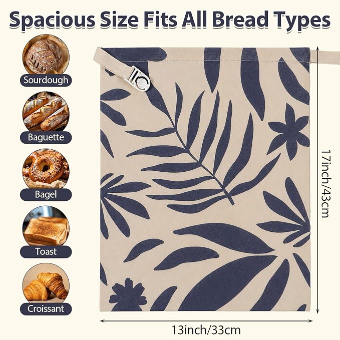 Hsei 5 Pack Beeswax Bread Bags for Sourdough & Homemade Bread 17 x 13'' XL Reusable Organic Linen Wraps with Sealing Zip for Fresh Food Storage Loaf Fresh Freezer Baker Gift (Blue Flower)
