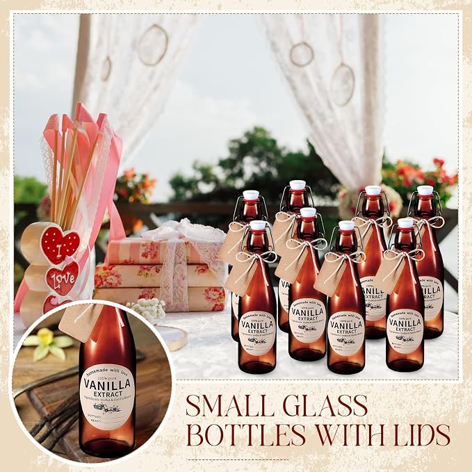 Vesici 12 Sets Swing Top Glass Bottles Set Amber Homemade Vanilla Extract Bottles Vanilla Extract Jars for Christmas DIY Crafts (12 Oz)