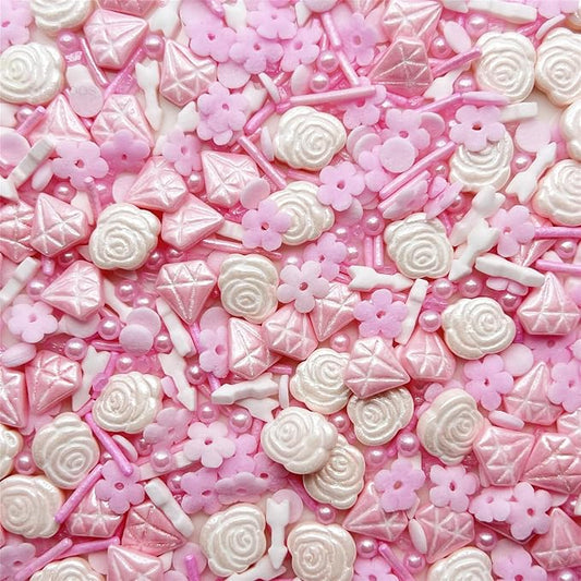 SE Si&Moos Pink Sprinkles Edible Pink Flowers for Cake Decorating Spring Sprinkles Cake Sugar Pearls Edible Icing Flowers Rose and Diamond Candy for Decorating Cake,Cupcake,Ice Cream,Donuts and Lollipops 3 OZ