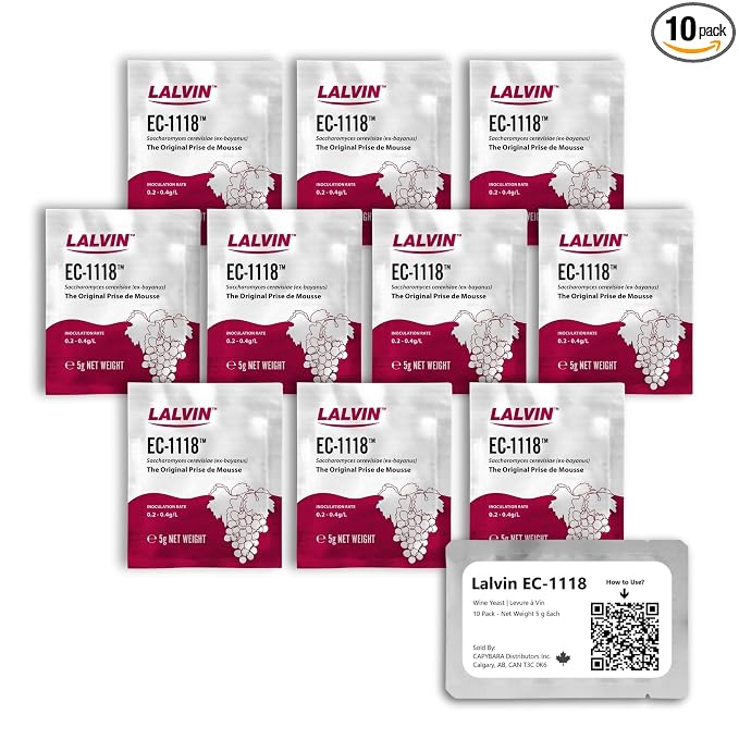 Lalvin EC-1118 Wine Yeast (10 Pack) - Champagne Yeast - Make Wine Cider Mead Kombucha At Home - 5 g Sachets - Saccharomyces cerevisiae - Sold by CAPYBARA Distributors Inc.