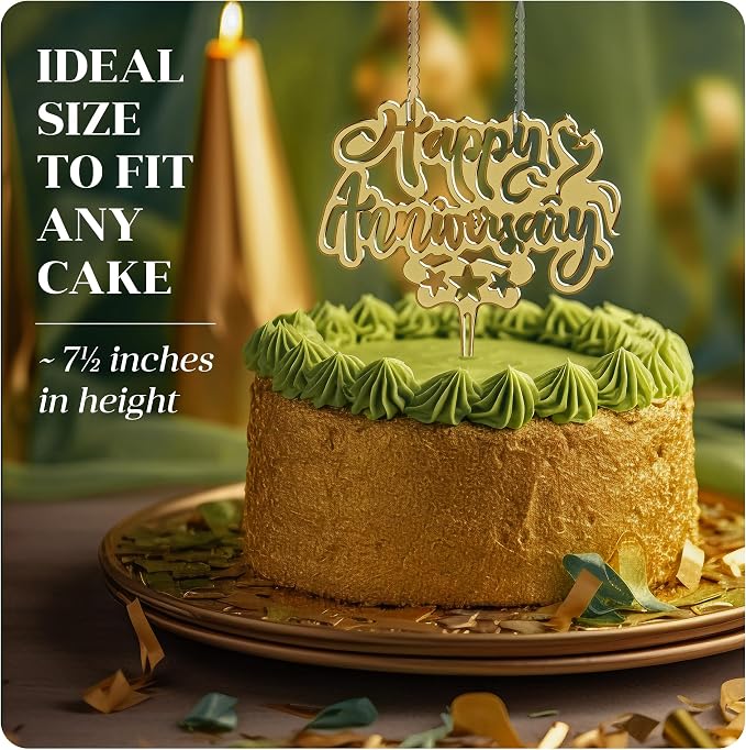Happy Anniversary Cake Topper Candle, Gold Acrylic Anniversary Cake Decoration, 2 Wick Celebration Cake Topper