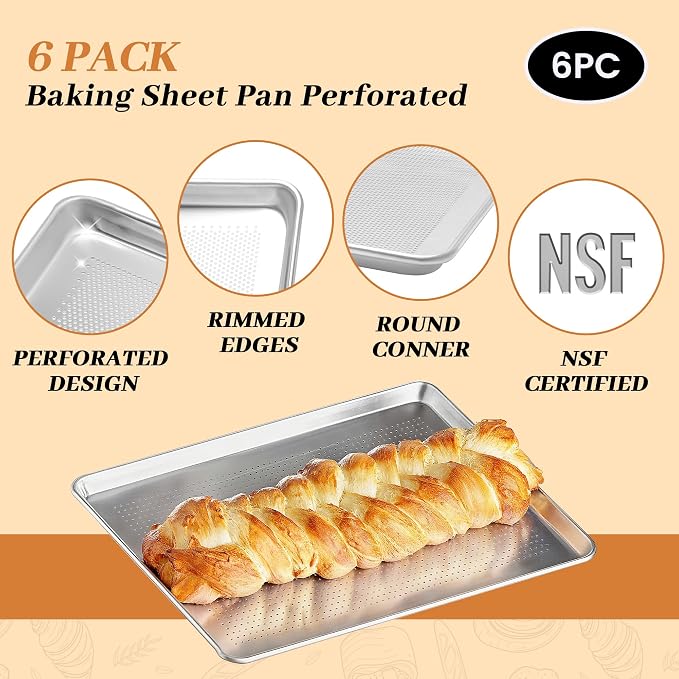 6 Pack Perforated Half Size Aluminum Baking Sheet Pans, 18"x13" | NSF, commercial cookie sheets, rolled rim baking pan, for roasting, freezer, bakery, oven safe up to 500℉