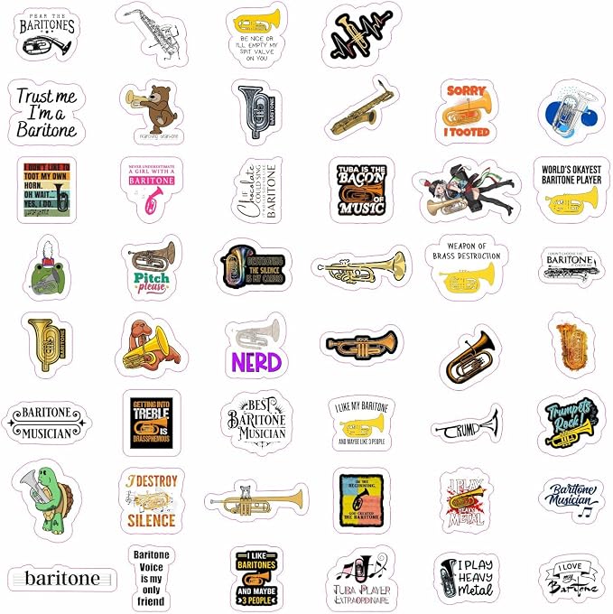 100Pcs Baritone Stickers for Water Bottle and Laptop - Baritone Party Supplies & Decorations, Waterproof Vinyl Decals, Musical Instrument and Band Stickers, Gifts for Women & Men