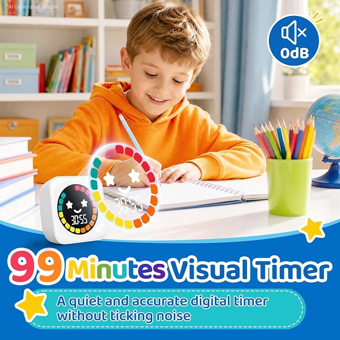 Visual Timer for Kids, 99 Minute Digital Cute Kids Visual Timer Classroom Timer for Homeschool Supplies Study Teaching Time Management Tool Countdown Productivity Timer, White, Colorful Display
