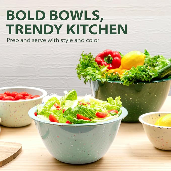 bzyoo Confetti Nesting Mixing Bowls Set - 4-Piece Colorful Kitchen Bowls (18oz, 1.25QT, 2.5QT, 4QT) - BPA-Free, Dishwasher Safe, Space-Saving Design Green Colors