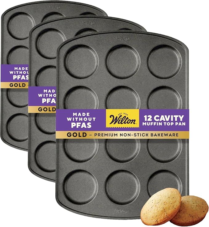 Wilton Perfect Results 12-Cavity Muffin Top Pan, Made without PFAS Non-Stick Bakeware, Scratch Resistant Baking Pan (Steel), the Must-Have Kitchen Essential. (Pack of 3)