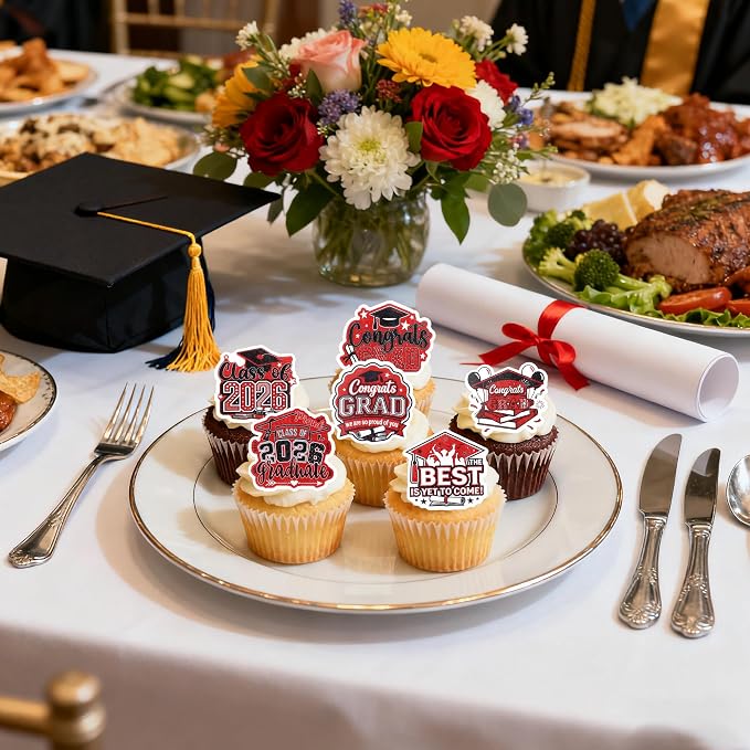 63 PCS Edible 2026 Graduation Cupcake Toppers Congrats Grad Cap Cupcake Picks Edible Diploma Done You Did it Cake Decorations for Class of 2026 Graduation Theme Party Decorations Supplies Black Red