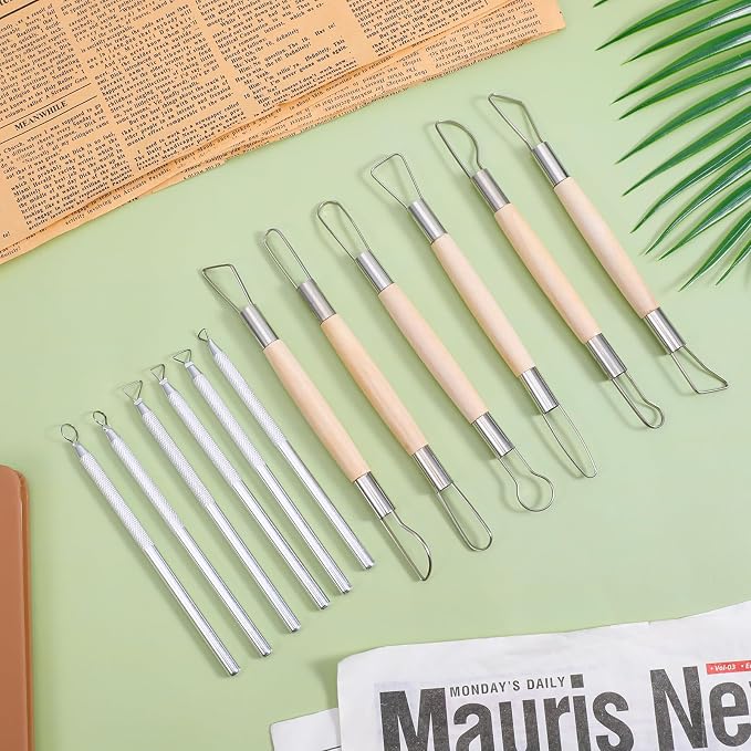 12PCS Double-Sided Clay Sculpting Tools, Wooden Handle Clay Carving Tools Clays Wire Loop Sculpture Set Clays Pottery Sculpting Tool Set for Ceramic, Carving Modeling