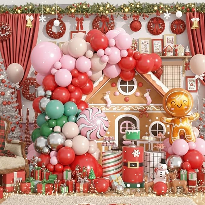 Christmas Balloon Arch Kit, Macaron Pink Red Green Ivory Metallic Silver Candy-Themed Balloons with Gingerbread Style Foil Balloons for Christmas Birthday Party Decorations Baby Shower Backdrop