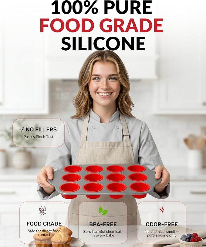 Boxiki Kitchen Non-Stick 12 Cup Silicone Muffin Pan with Steel Frame - BPA Free, Non-Toxic, Anti-Warp, Durable & Easy to Pop Silicone Muffin Tin - Perfect Cupcake Pan