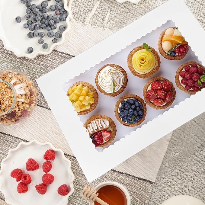 MUMULULU 12 PCS Cake Boxes with Window White Bakery Boxes Large Treat Box for Donuts Cookies Dessert Cupcakes Pastry Baking Pie Packaging (12 * 8 * 4in)