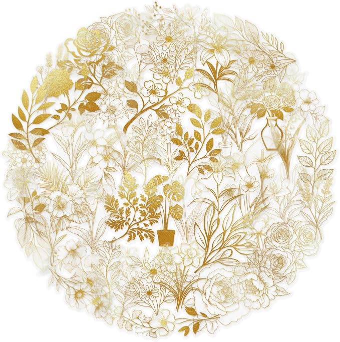 50pcs Transparent Golden Plants Flower Stickers PET Waterproof Nature Flower Decals Decorative for Water Bottles Phone Cases Laptops Scrapbook DIY Crafts Album Journal Plant Enthusiast (Golden Plants)