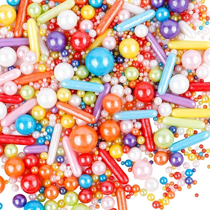 Rainbow Sprinkles, 4.6oz Colorful Pearl Sprinkles with Rods, Edible Sugar Candy for Baking, Cake Decorating, Ice Cream Toppings and Cookie Decorations, Wedding Birthday Party Christmas Supplies
