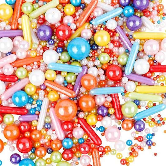 Rainbow Sprinkles, 4.6oz Colorful Pearl Sprinkles with Rods, Edible Sugar Candy for Baking, Cake Decorating, Ice Cream Toppings and Cookie Decorations, Wedding Birthday Party Christmas Supplies