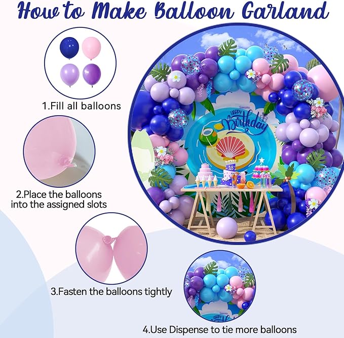 Blue Balloon Arch Kit, Royal Light Blue Confetti Macaron Pink Purple Birthday Balloons with Palm Leaves for Princess Girl Birthday Decorations Baby Shower Graduation Summer Tropical Party Supplies
