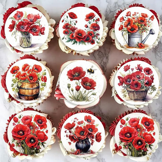 36PCS Edible Red Poppy Flowers Cupcake Toppers Wafer Paper Red Flowers Cake Picks Edible Poppy Wildflowers Cupcake Toppers for Wedding Birthday Theme Floral Cake Decor Supplies