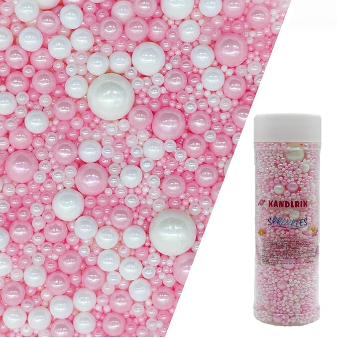 Edible Pink & White Sugar Pearls Sprinkles Candy Mix Size Pearls Cake Decorations Cupcake Toppers Decorating Perfect for Wedding Party Valentine Supplies 4.58OZ