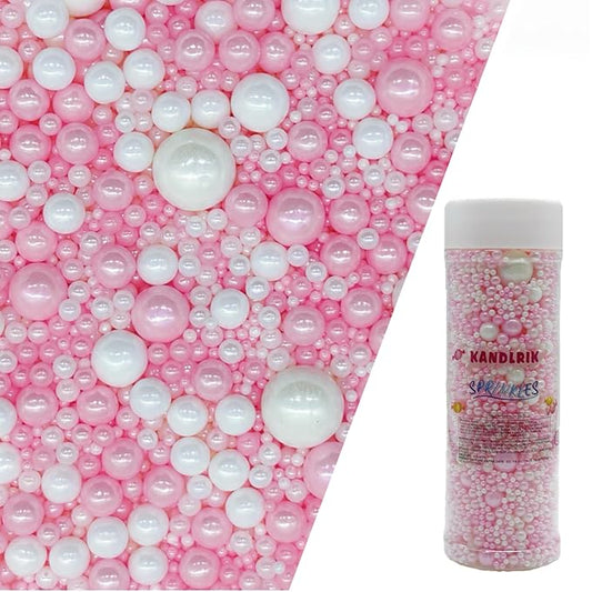 Edible Pink & White Sugar Pearls Sprinkles Candy Mix Size Pearls Cake Decorations Cupcake Toppers Decorating Perfect for Wedding Party Valentine Supplies 4.58OZ