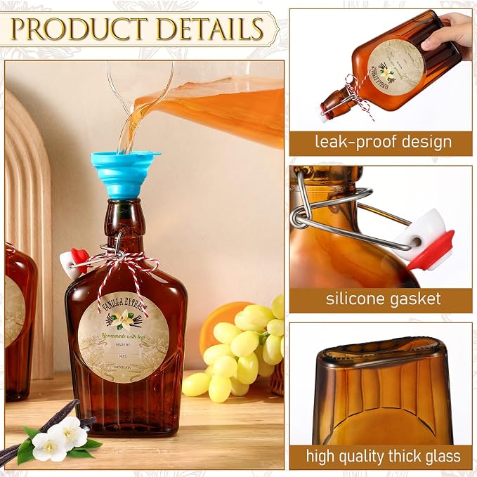 Uiifan 2 Pack 12 oz Vanilla Extract Bottles with Swing Top Flask Whiskey Pocket Amber Glass Flask for Homemade Vanilla Extract Lemon Kombucha Water Apply Christmas Wedding Gift (Amber)