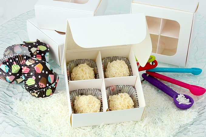 Treat Boxes - 20 ct 3.5 x 3.5 x 1.6 in Bakery Boxes with Windows and Dividers for Candy, Cookies, Cupcakes, or Bakery Desserts - Chocolate, Treats, and Baked Goods Packaging for Gifting