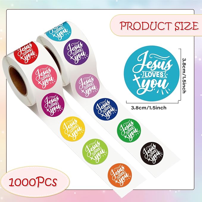 Jesus Loves You Stickers - 1000 Pcs Christian Religious Stickers, Colorful Waterproof Religion Sticker Roll for Scrapbook Journal Laptop Envelope Card, Sunday School Party Favor Supplies