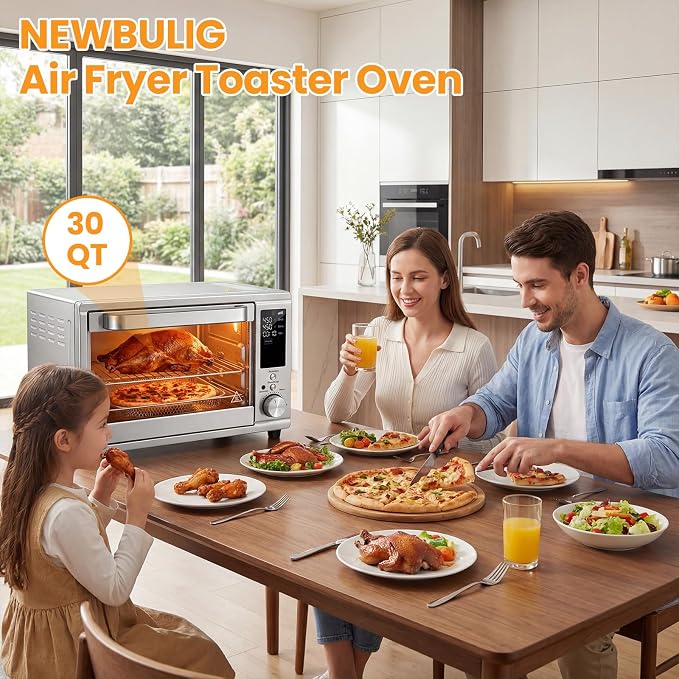 NEWBULIG 30QT Air Fryer Toaster Oven, 13-in-1 Multi-Function Smart Airfryer, Large Countertop Air Fryer Oven, 0-450°F Heating Control, 120 Min Timer, Chrome Fry Basket, Interior Light