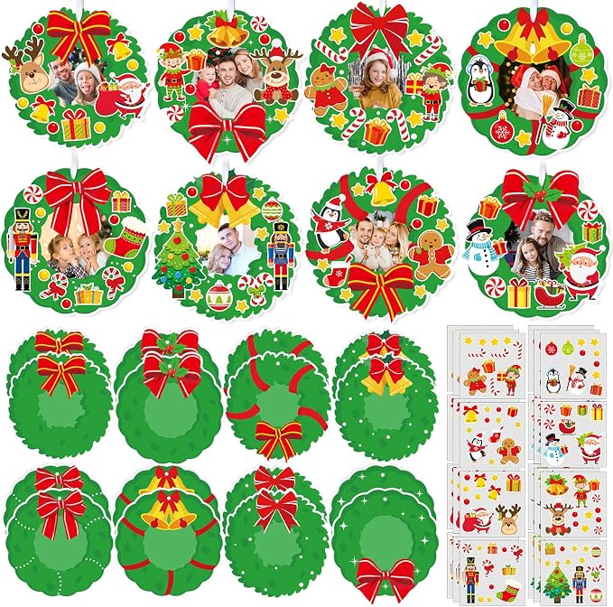 Dianelhall 24 Sets Christmas Picture Frame Craft Kit Xmas Wreath Photo Crafts Christmas Picture Frames Gift with Santa Stickers for Classroom Xmas Holiday Party Activities(Wreath)