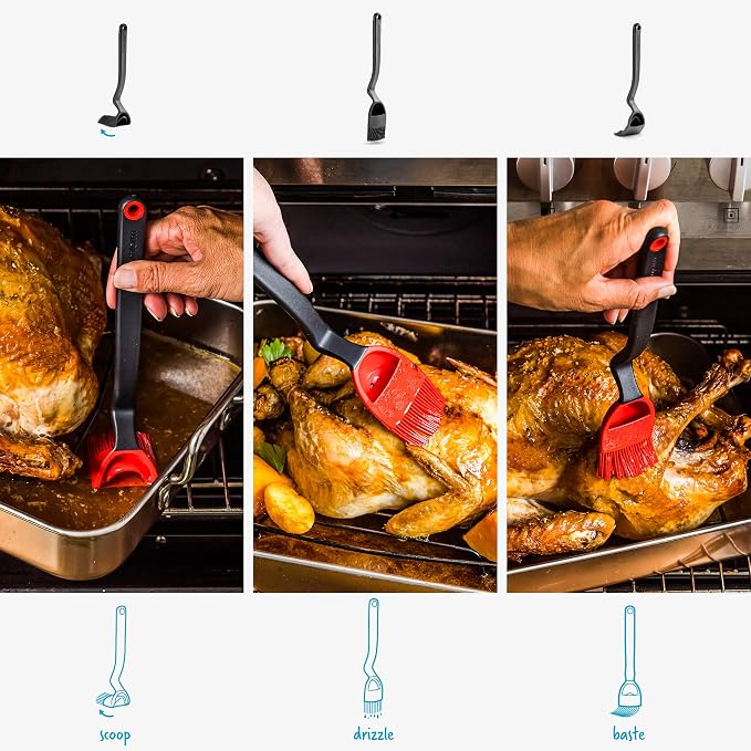 Dreamfarm Brizzle Basting Brush with Built-In Sauce Reservoir - Black | Sit-up, mess-free BBQ and pastry brush, flexible bristles, scoop and drizzle baster, holds 1 tbsp of liquid