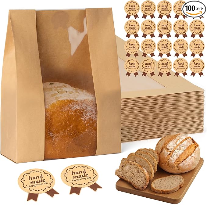 FUNFERY 100 Pcs Sourdough Bread Bags for Home Made Bread Sourdough,Large Paper Bags for Breads Gifting with Window&Cute Stickers,Loaf Bags for Bakery Packaging and Storage,Sourdough Starter Kit