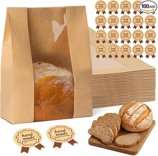 FUNFERY 100 Pcs Sourdough Bread Bags for Home Made Bread Sourdough,Large Paper Bags for Breads Gifting with Window&Cute Stickers,Loaf Bags for Bakery Packaging and Storage,Sourdough Starter Kit