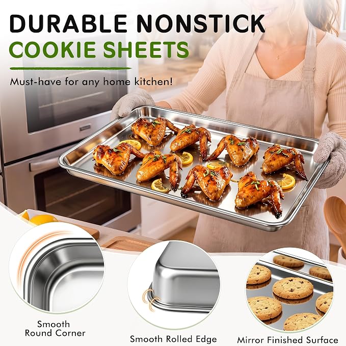 Stainless Steel Baking Sheet Pan Set of 2, Stainless Steel Cookie Sheets for Baking, 18 x 13 Inch Large Baking Tray for Oven, Warp Resistant Nonstick Half Sheet Pan, Heavy Duty & Easy Clean