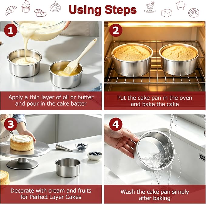 LIANYU 4 Inch Cake Pan Set of 3, Stainless Steel Mini Round Baking Pans, Non Toxic Small Metal Bakeware Tins for Birthday Wedding Christmas Party, Leak-proof & Dishwasher Safe