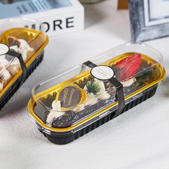 Loaf Pans with Lids, 50 Pack Black Gold 6.8oz for Dessert Tables | Suitable for mini breads, tart portions, dips and sweets; add the cover only after contents cool.