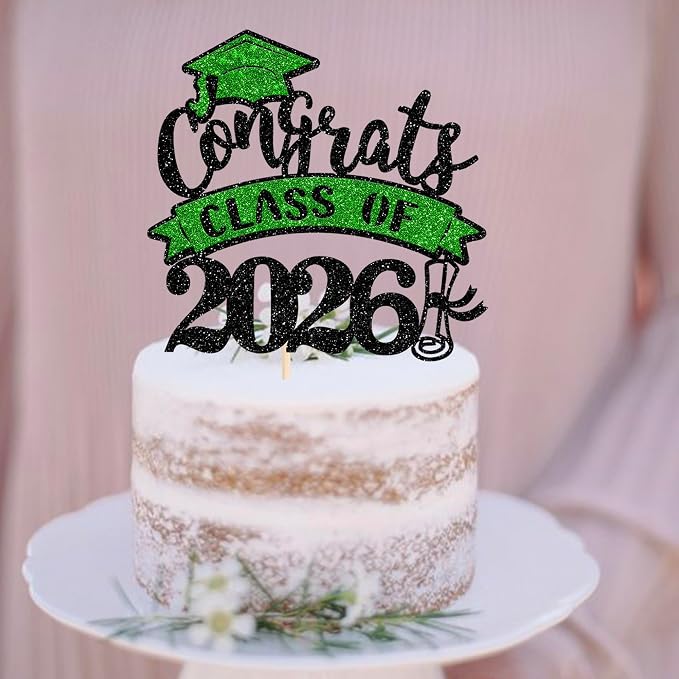 1 Pack Congrats Class of 2026 Cake Topper with Green Glitter Diploma Graduation Cap Cake Pick Contrats Class of 2026 Cake Decorations for 2026 Graduation Theme High School Boys Girls