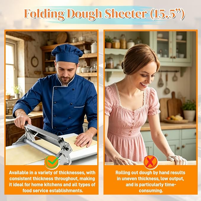 15.5" Folding Dough Sheeter, Stainless Steel Manual Dough Roller | 55 Adjustable Thicknesses, Includes Sheeter Board, Commercial Grade, For Pizza, Croissants and Puff Pastry