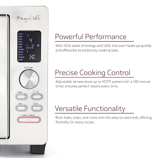 MegaChef 30 Quart Digital French Door Multi-Function Convection Toaster Oven with Rotisserie Set & Toast, Bagel, Pizza, Bake, Roast, Broil, Cookies, Dehydrate & More Presets