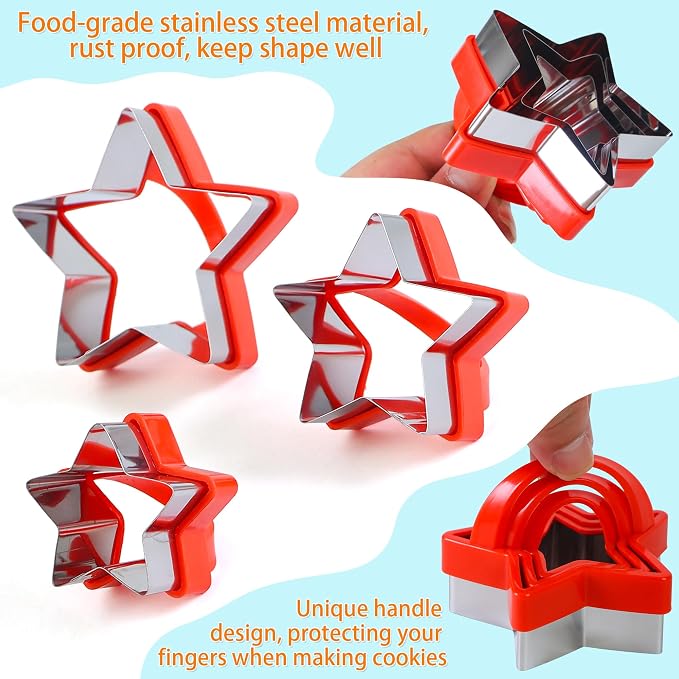 4th of July Star Shaped Cookie Cutters Set with Handle, Set of 3 Stainless Steel Patriotic Biscuit Molds for Pressing Cookie, Sandwich, Bread, Independence Day Baking Decorations