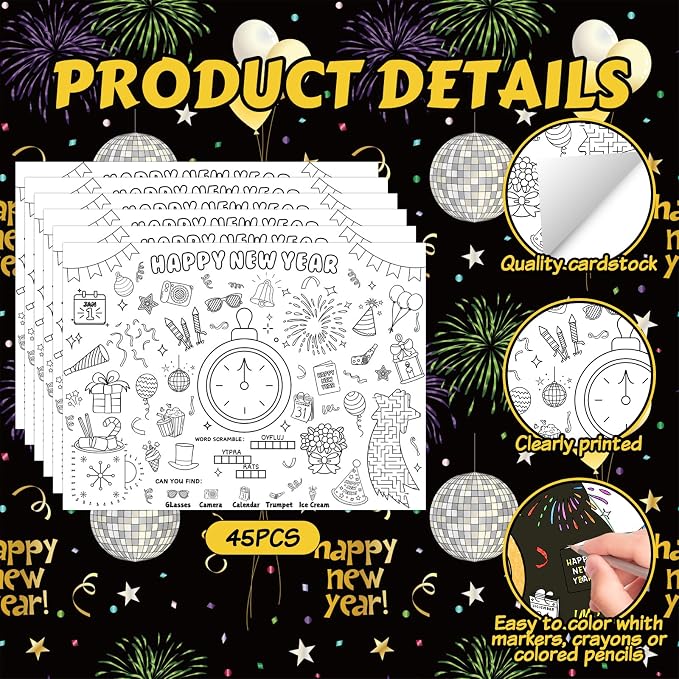 45pcs New Year Placemats for Kids Disposable Coloring Poster Happy New Year Gifts School Classroom Activities Paper Table Mats