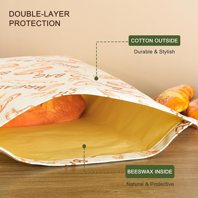 Beeswax Bread Bags Reusable for Sourdough & Homemade Bread | 2 Pack 17 × 12 Inch Large Capacity, Double-Layer Waxed Cotton Design, Plastic Free Alternative for Daily Baking