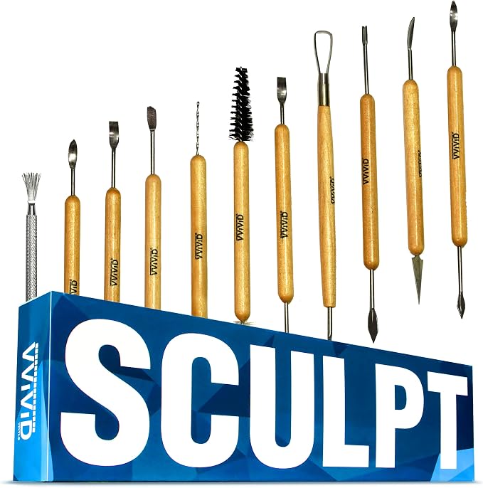 VViViD Sculpt Double-Ended 11-Piece Steel Tipped Wooden Handle Pottery & Clay Sculpting Hand Tool Kit