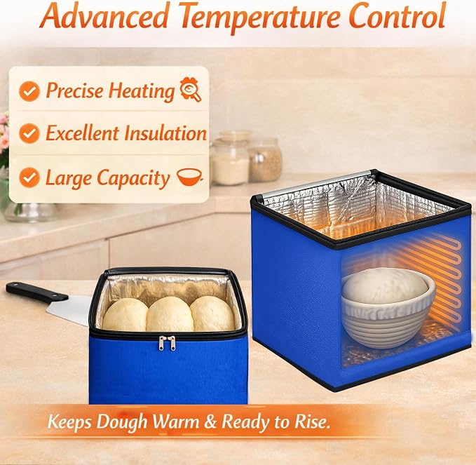 74l Large Foldable Proofing Box，Bread Proofer Blue 16.5 * 16.5 * 16.5in | Dough Proofer 4-Sided Heating，Temp Control (33-122℉), 96-Hour Timer， for Sourdough, Bread Baking, Pizza, Yogurt