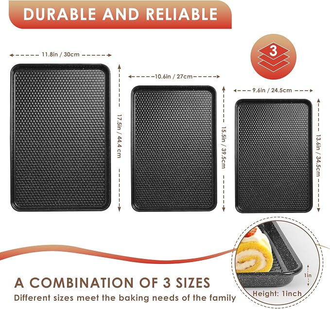 Baking Sheet Pan Set of 3, Nonstick Carbon Steel Cookie Sheets with Texture | Commercial Half/Quarter/Jelly Roll Pans Replacement Toaster Oven Tray, Heavy Duty & Easy Clean, Black