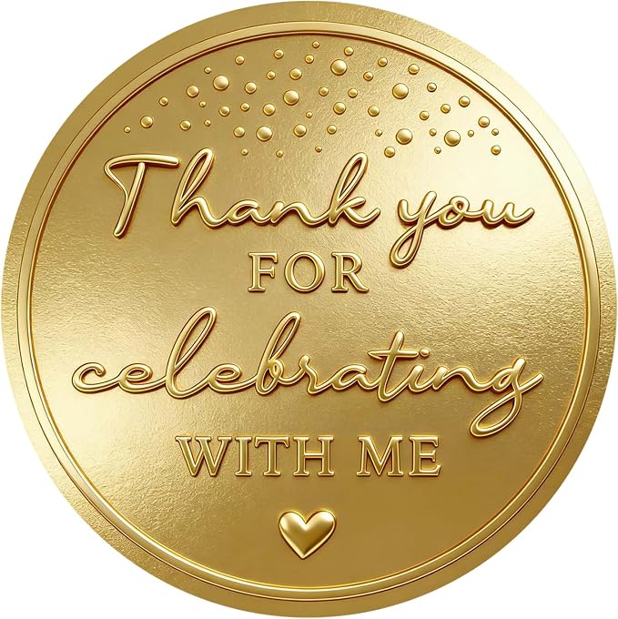 100PCS Thank You for Celebrating with Me Stickers, Embossed Matte Gold Party Favor Labels for Birthday, Baby Shower, Bridal Shower, Graduation & Gift Bag Packaging 1.6 Inch
