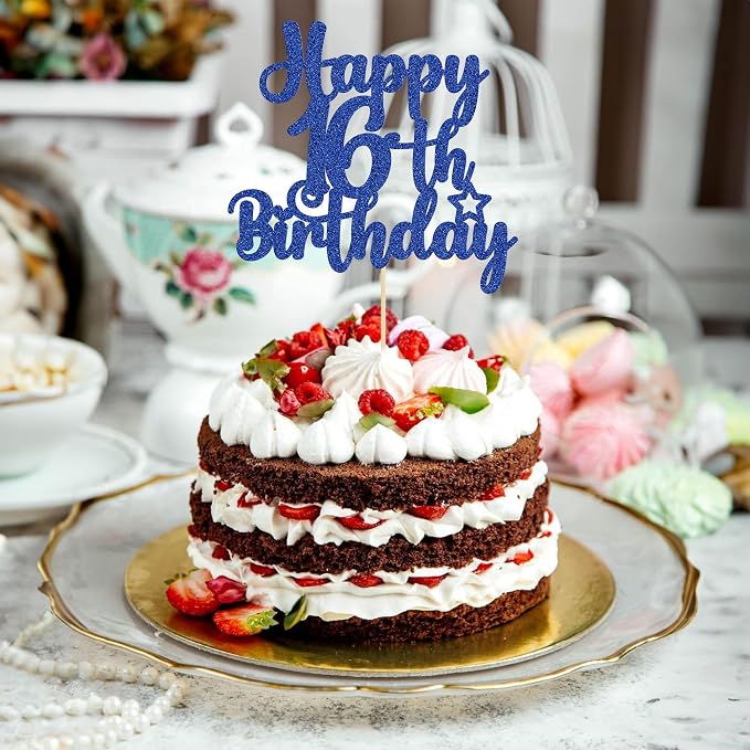 Gyufise 1Pc Happy 16th Birthday Cake Topper Blue Glitter 16 & Fabulous Sweet 16 Birthday Cake Pick for Celebrating 16th Birthday Anniversary Party Cake Decorations Supplies