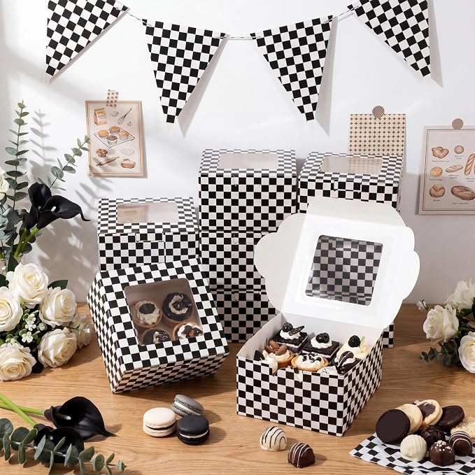 50 Pack Black White Checked Cookie Boxes with Window, 5x5x3 Top-opening Bakery Boxes for Cookie Swap, Brigadeiro, Donuts & Pastries, Small Checked Treat Box for Party Favors