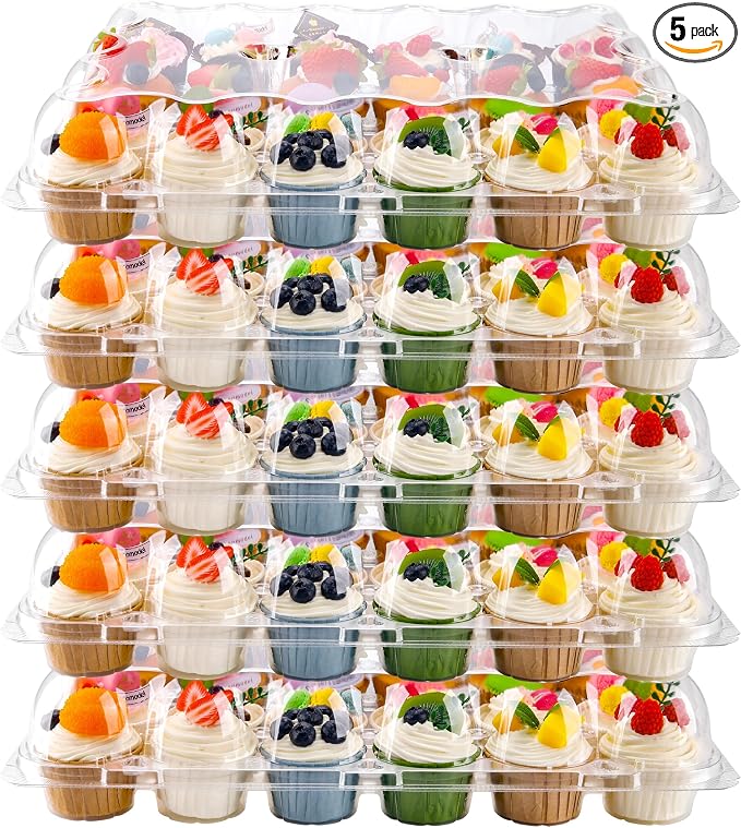 NPLUX 24 Count Cupcake Containers 5 pack Cupcake Holders Plastic Clear Reusable Cupcake Containers with Detachable Tall Dome Lids Stackable Cupcake Boxes for 120 Cupcakes, BPA Free, Standard Size