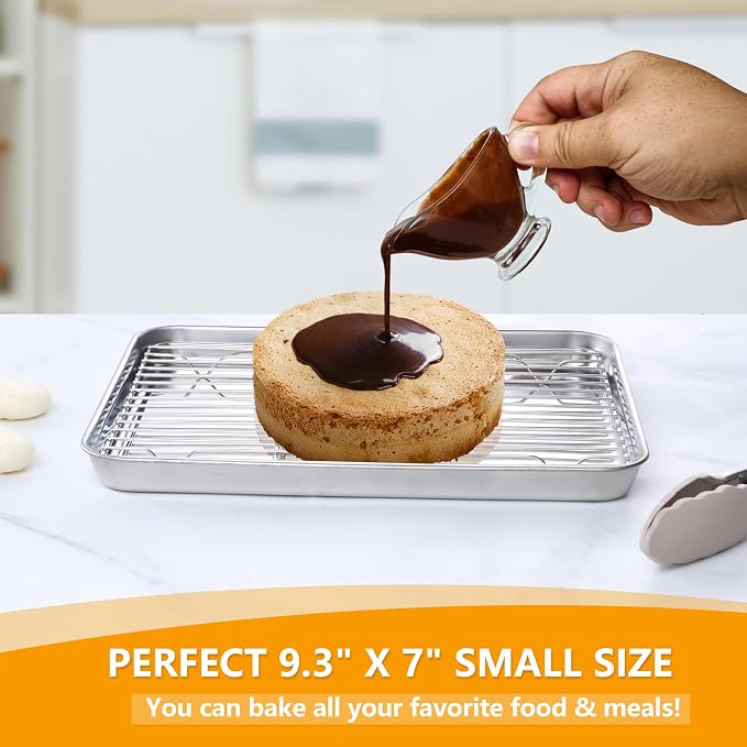Homikit Baking Sheet with Wire Rack(1 Pan + 1 Rack), 9 x 7 Inches Stainless Steel Small Baking Pan with Cooling Rack, Mini Metal Cookie Bacon Tray for Toaster Oven Baking, Rust Free & Dishwasher Safe