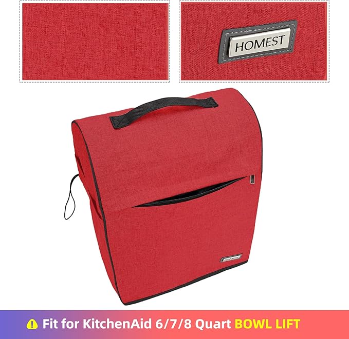 HOMEST Stand Quilted Mixer Cover with Zip Pocket for Kitchen Accessories | Fits KitchenAid 6/7/8 quart mixers, zipper pocket stores attachments and kitchen accessories, Red