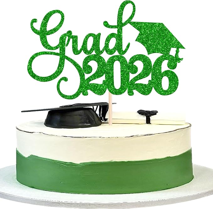 1 Pack Grad 2026 Cake Topper with Glitter Congrats Grad Cap Class of 2026 Cake Pick Decorations for 2026 Graduation Theme School Boys Girls Graduate Party Supplies Green