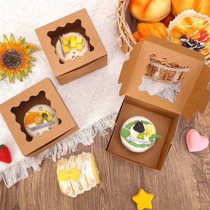 TOMNK 150pcs 4x4x2.5 Inch Cookie Boxes with Window, Small Pastry Boxes, Small Bakery Boxes for Cake, Treats, Donuts, Candy (Brown)